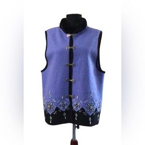 Carson Boiled Wool Vest Size L Fur Neck Line Blue Icelandic Nordic Design